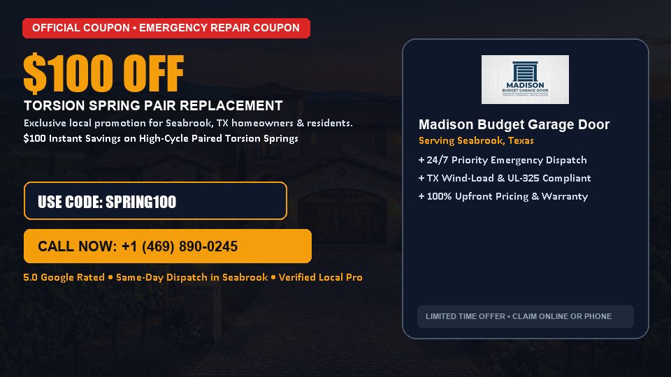 $100 OFF Dual High-Cycle Torsion Spring Replacement in Seabrook, TX - Madison Budget Garage Door